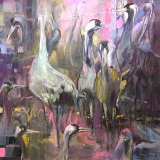  Famille de grues 90x90 h/t